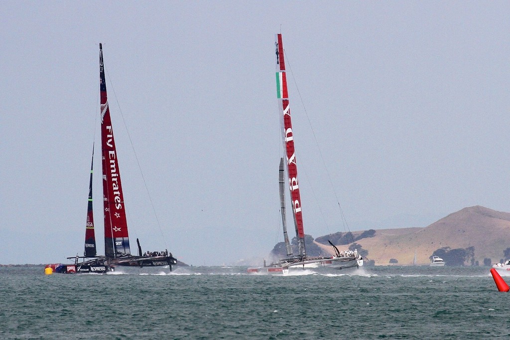 Emirates Team NZ reaches the turning mark first - AC72 Race Practice - Takapuna March 8, 2013 © Richard Gladwell www.photosport.co.nz